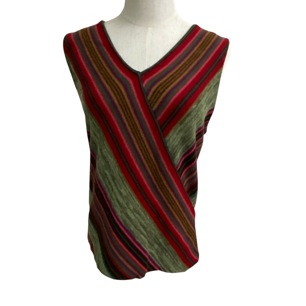 Chaps Petite Striped Knit Top Sleeveless V Neck Multicolor Linen Blend‎